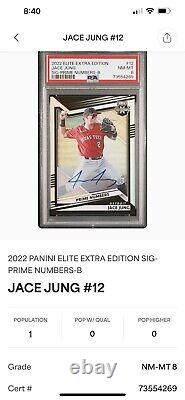 2022 Elite Extra Edition Prime Numbers Sig Auto B #12 Jace Jung 2/4 Jersey PSA 8