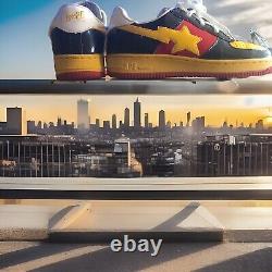 BAPE STA Homme 7/A Bathing Ape/ FS-001 Basse Bleu Foncé/Jaune avec Cuir Verni Rouge
